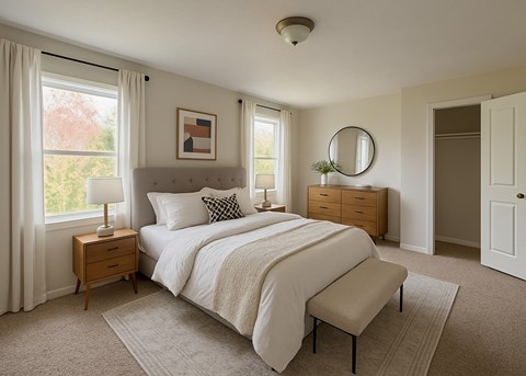 A bedroom with a large bed, a nightstand with a lamp, and a window with curtains.