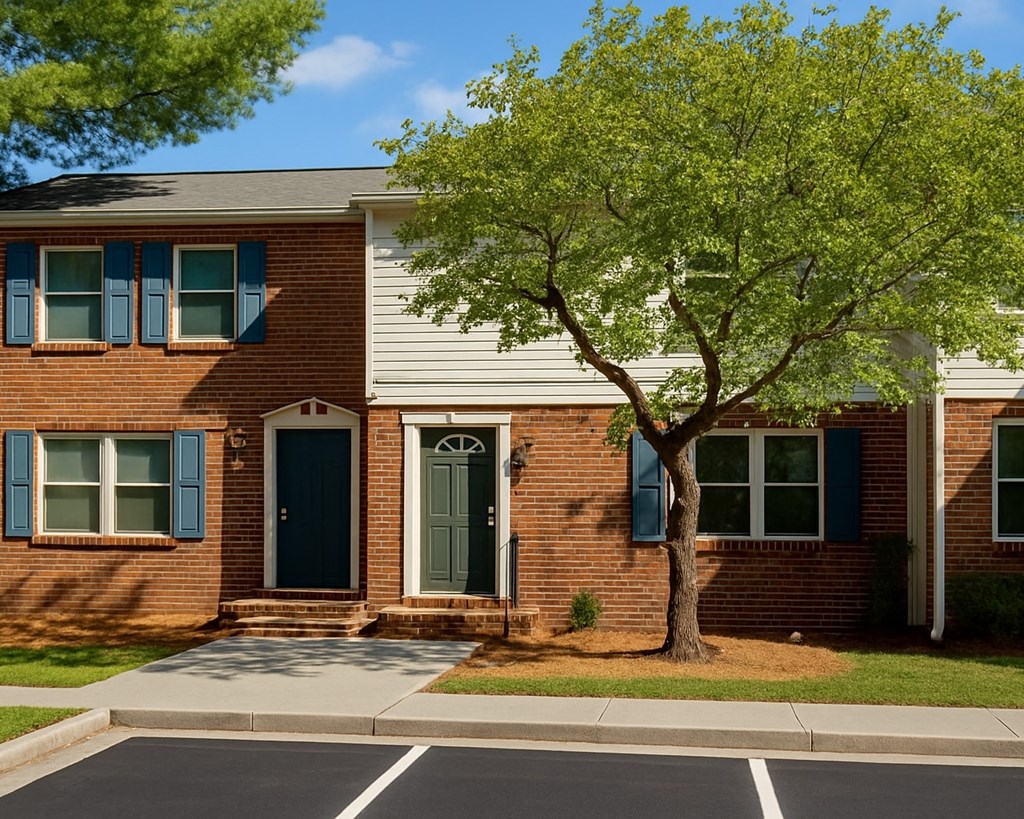 A tree in front of a house with a green door.