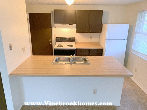 A kitchen with a sink and a stove top oven.