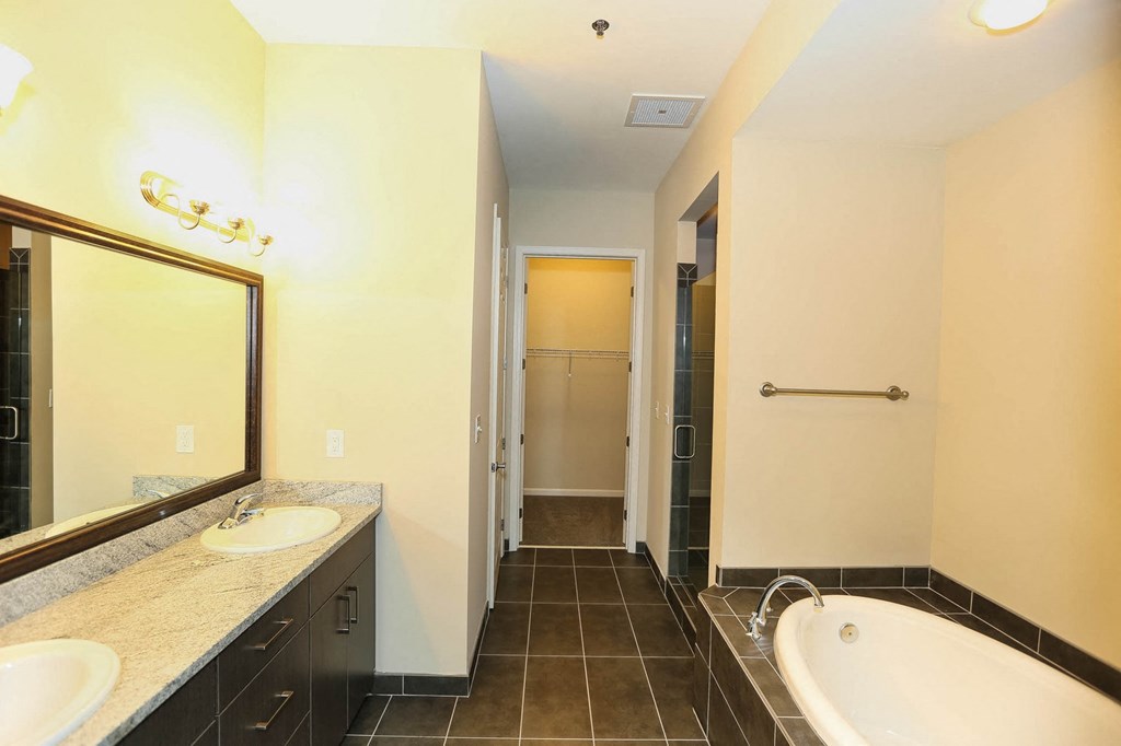 a bathroom with a tub and a sink and a mirror