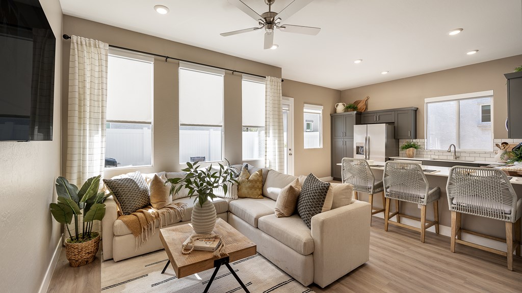 a living room with a couch and a table