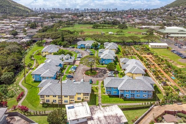 an aerial view of a group of houses in a neighborhood with a city behind them