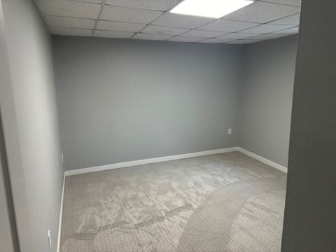 A room with a carpeted floor and a ceiling with lights.