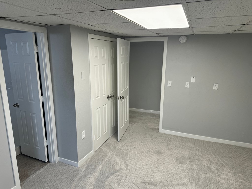 A room with two doors and a carpeted floor.