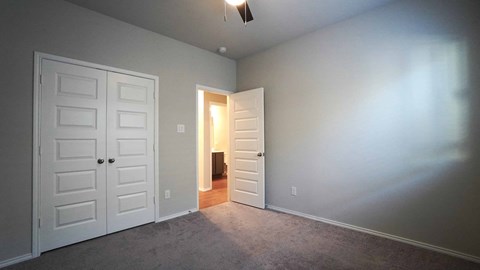 a bedroom with a closet and an open door