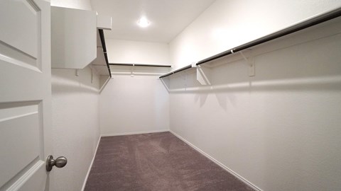 a room with white walls and a gray carpet and a closet with a white door