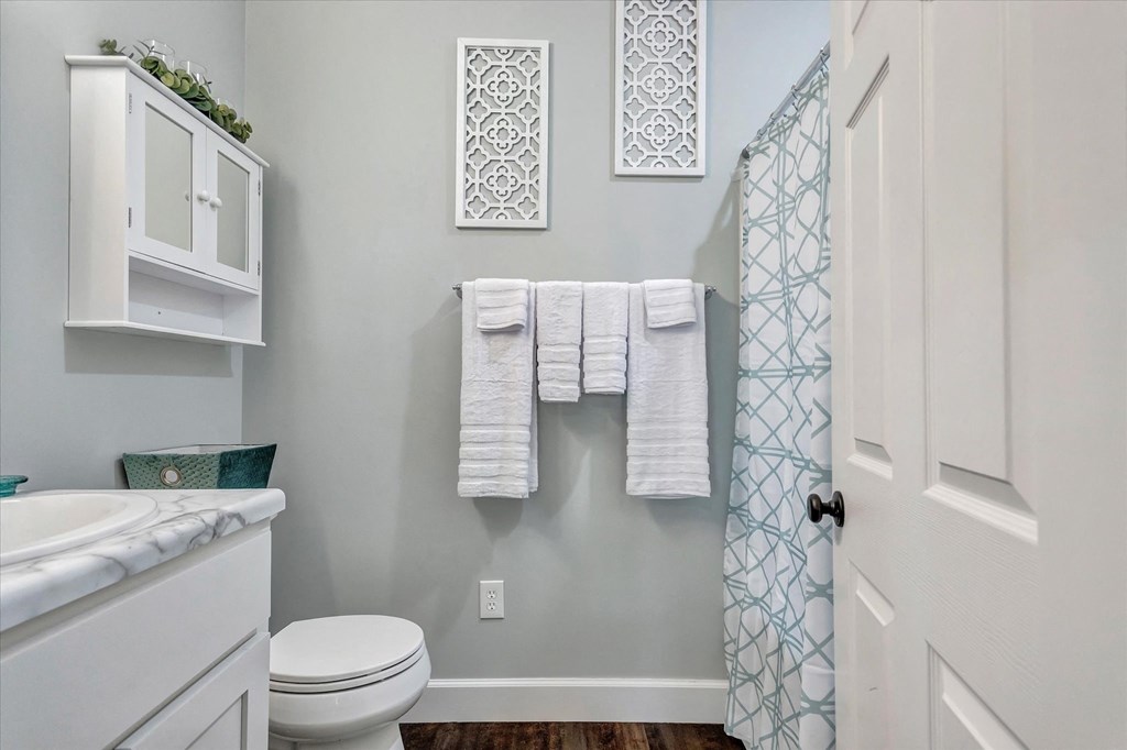 a bathroom with a shower and a toilet and a sink