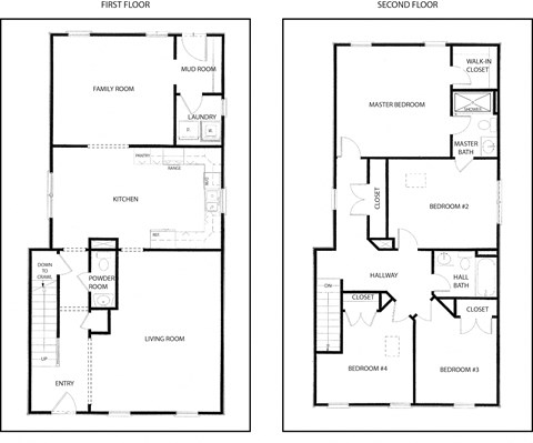 A floor plan of a two-story house with labeled rooms.