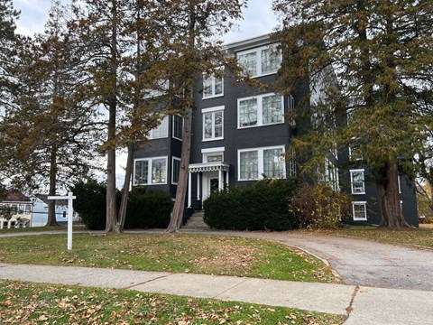 A black building with white windows and a white door is surrounded by trees.