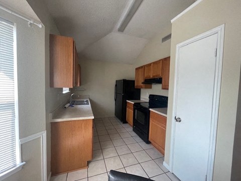 a kitchen with a black refrigerator and a sink