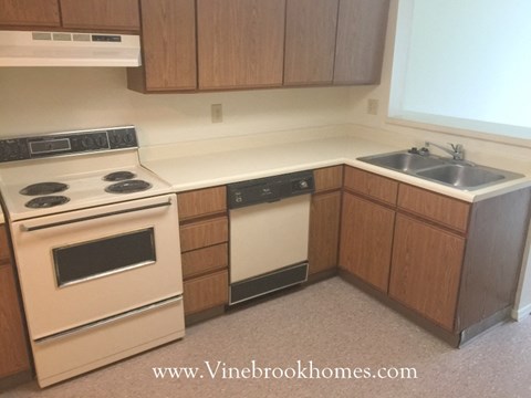 A kitchen with a stove top oven, dishwasher, and sink.
