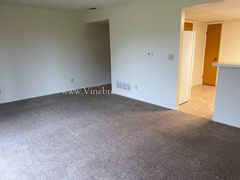 a living room with carpet and a white wall