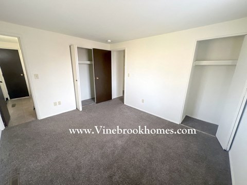 a living room with carpet and white walls and two closets
