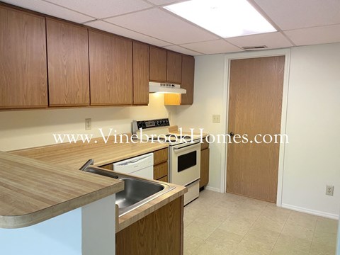A kitchen with wooden cabinets and a sink.