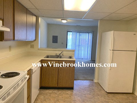 A kitchen with a stove, sink, and refrigerator.