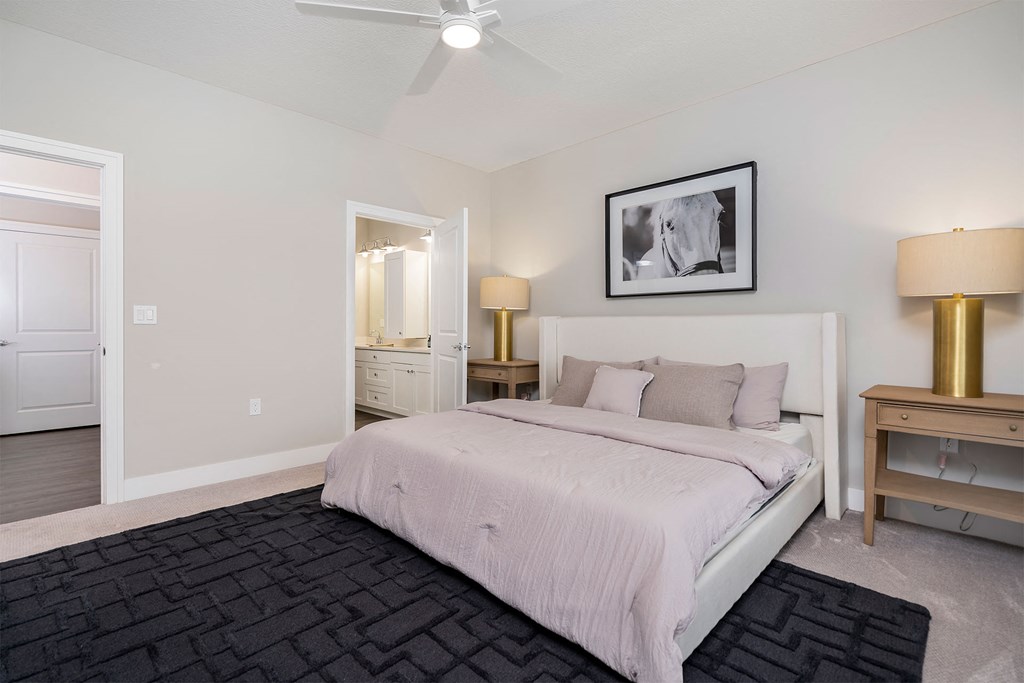 a bedroom with a large bed and a closet