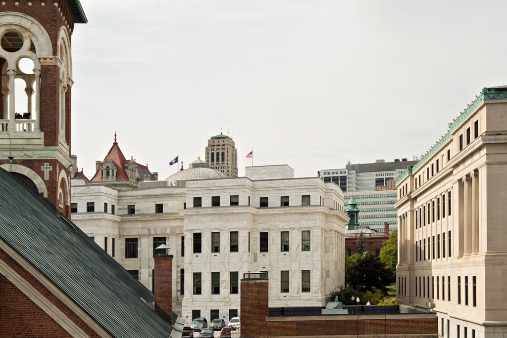 a view of the city from the roof of a building