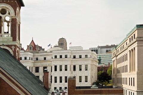 a view of the city from the roof of a building