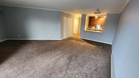 a living room with carpet and a door to a kitchen