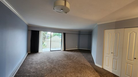 a living room with blue walls and a sliding glass door