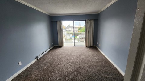 an empty living room with blue walls and a sliding glass door