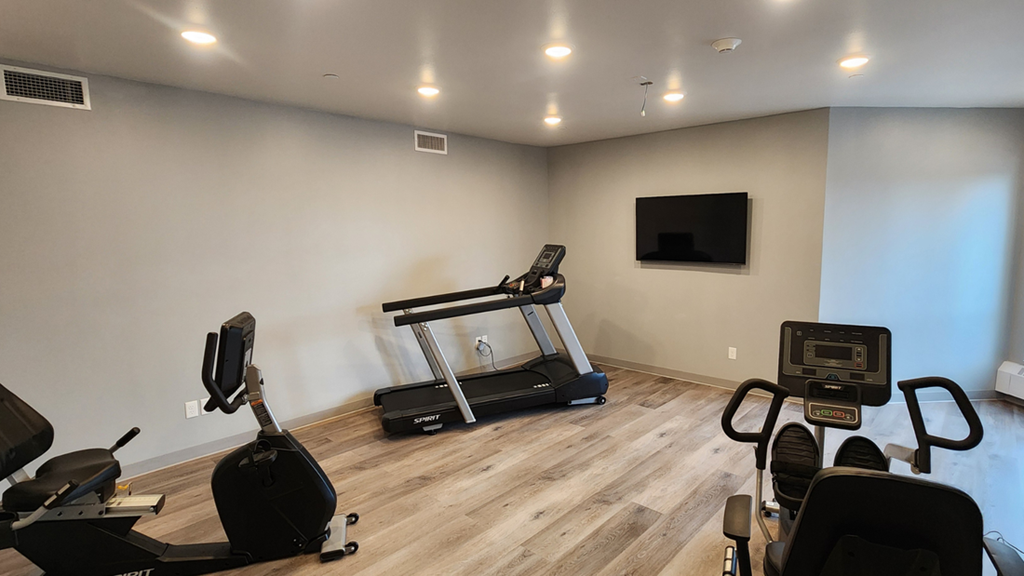 a gym with cardio equipment and a tv on the wall