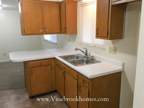 a small kitchen with a sink and wooden cabinets