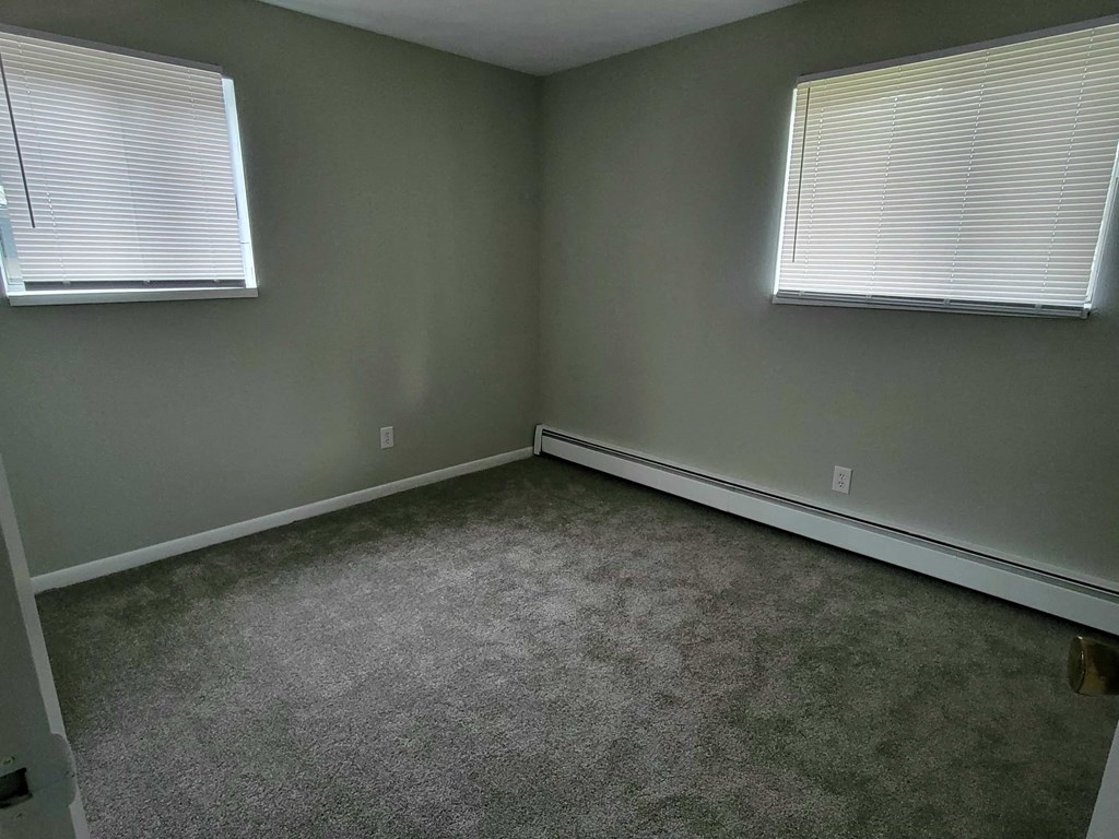 a bedroom with two windows and a carpeted floor