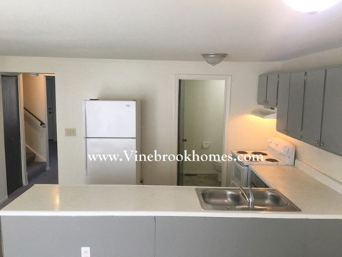 a kitchen with a sink and a refrigerator