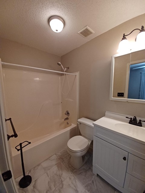 a bathroom with a toilet and a tub and a sink