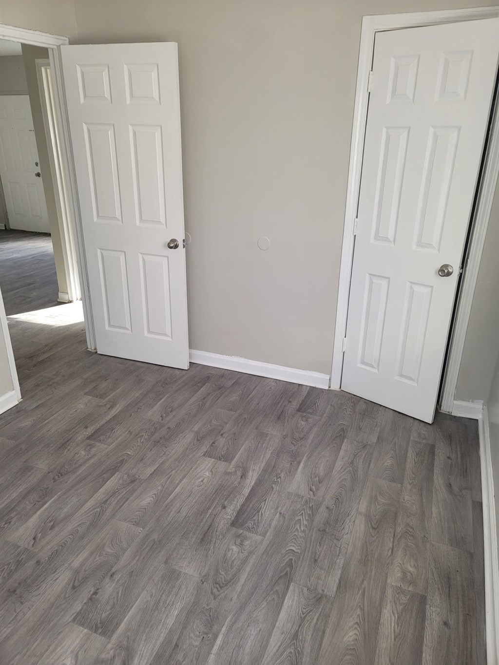an empty room with wood flooring and two doors