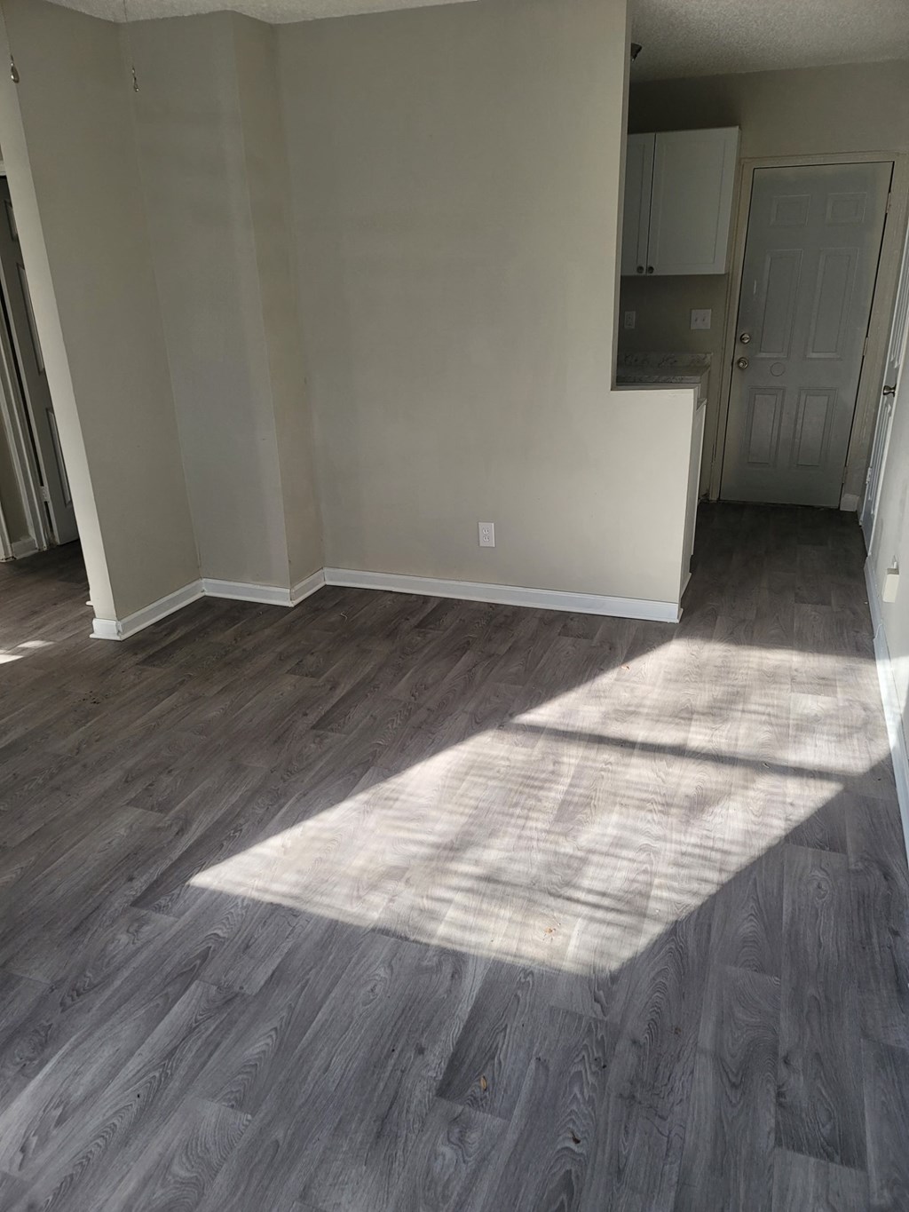 a living room with hardwood flooring and a door to a kitchen