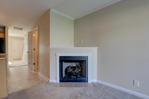 A living room with a fireplace and a carpet.