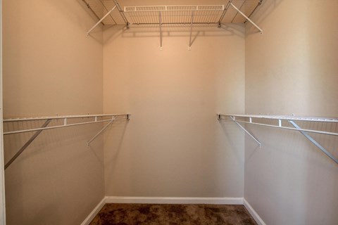 A walk-in closet with white shelving and a carpeted floor.
