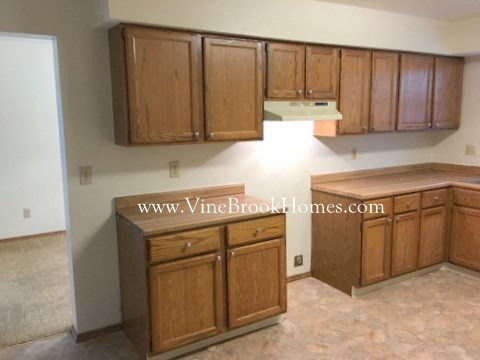 A kitchen with wooden cabinets and a countertop.