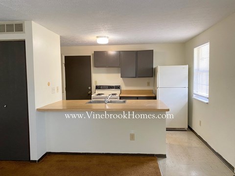 A kitchen with a white fridge and brown rug.