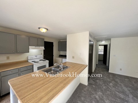 A kitchen with a wooden counter top and stainless steel appliances.
