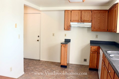A kitchen with wooden cabinets and a sink.