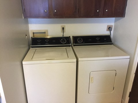 A white dishwasher and dryer are in a kitchen.