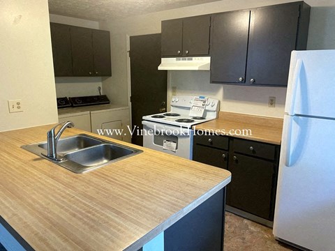 A kitchen with a sink and a refrigerator.