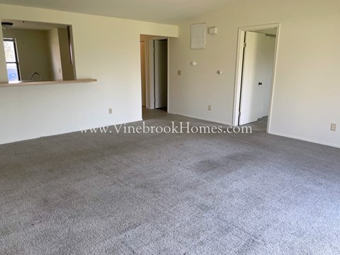 a living room with carpet and a door to a kitchen