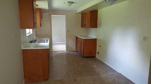 an empty kitchen with wooden cabinets and a sink