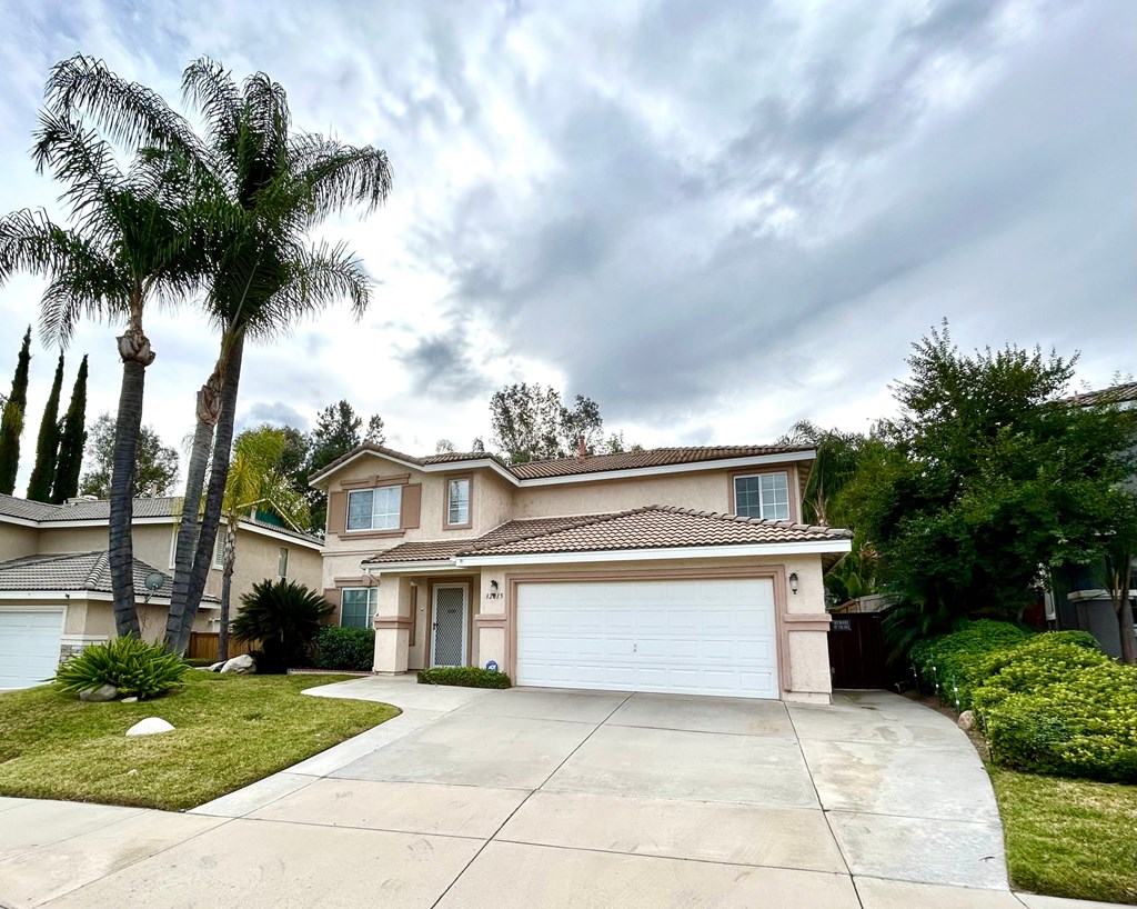 a house with a garage and a palm tree
