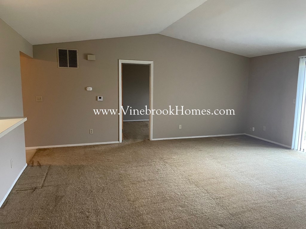 an empty living room with carpet and a door to a closet