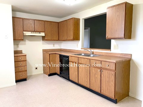 A kitchen with wooden cabinets and a sink.