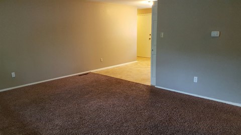 a living room with a carpet and a door to a bedroom