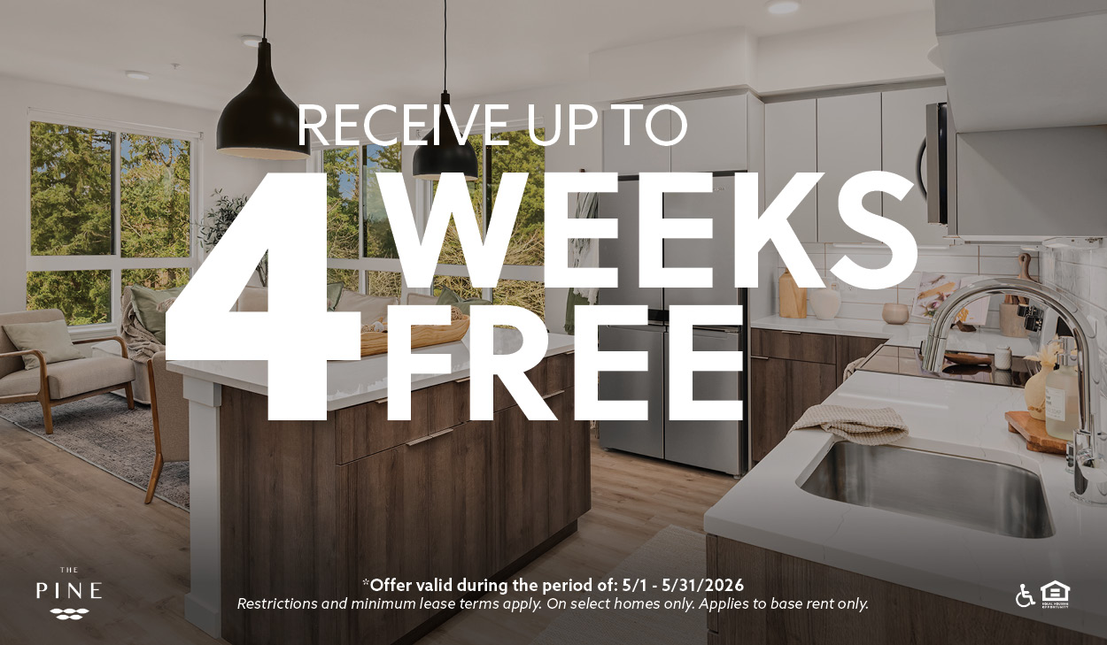 A modern kitchen with a promotion for up to 4 weeks free.