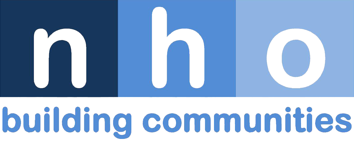 A blue banner with the words "nh o" and "building communities" written on it.