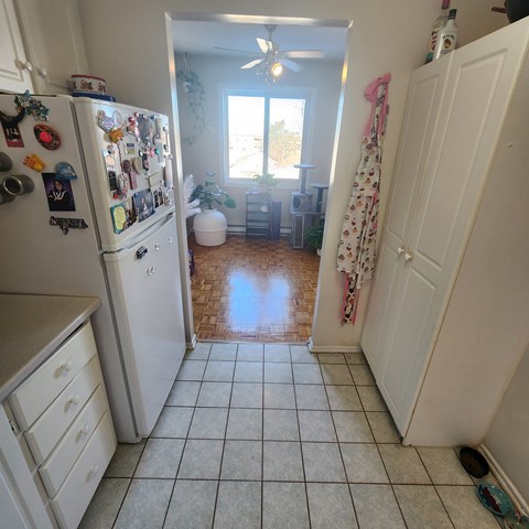 A kitchen with a white refrigerator covered in magnets and a white door.