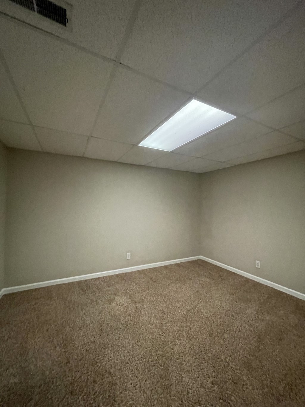 A room with a carpeted floor and a fluorescent light on the ceiling.